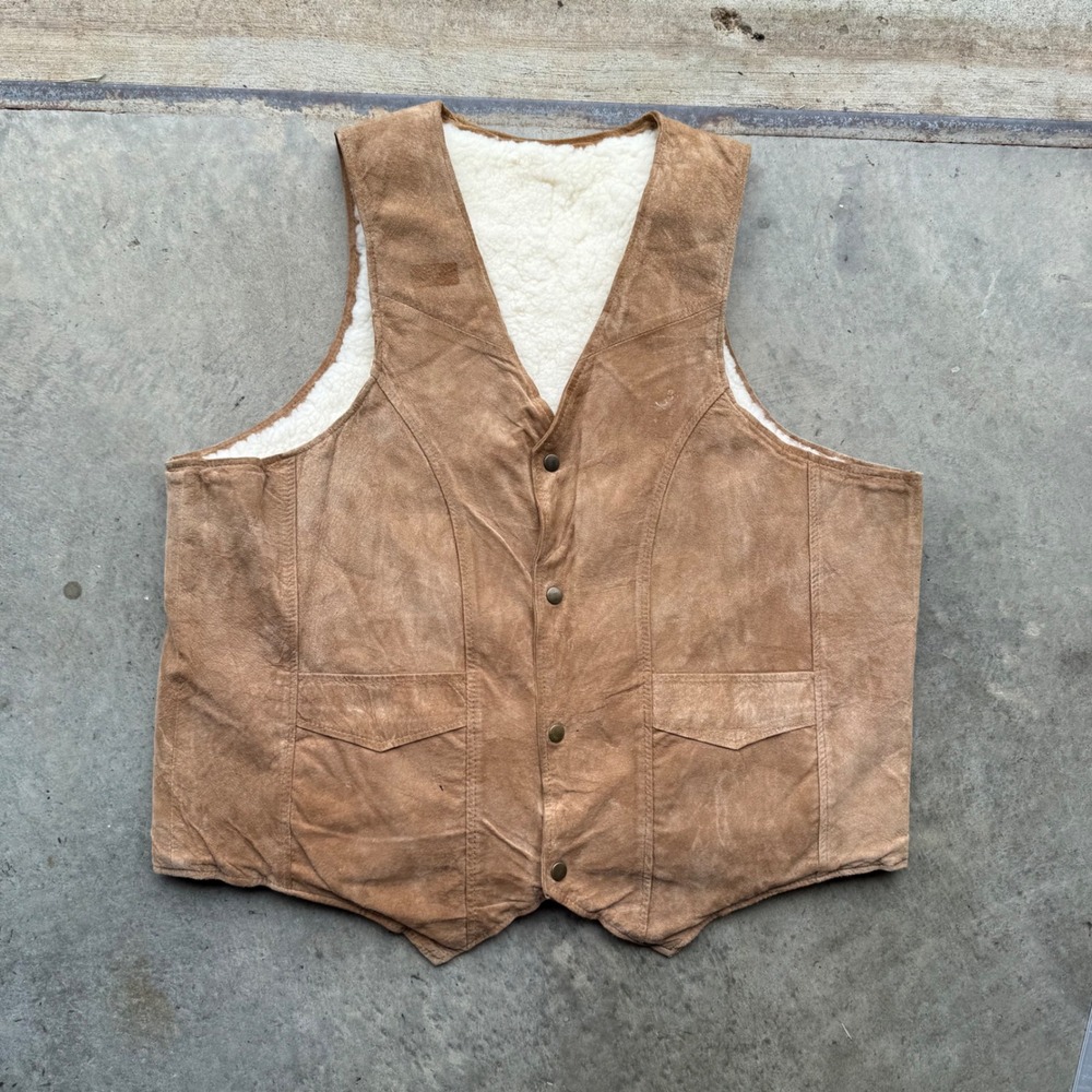 Vintage Western Suede Vest Tan Brown Faux Shearling Lined Snap Front XL 25x27